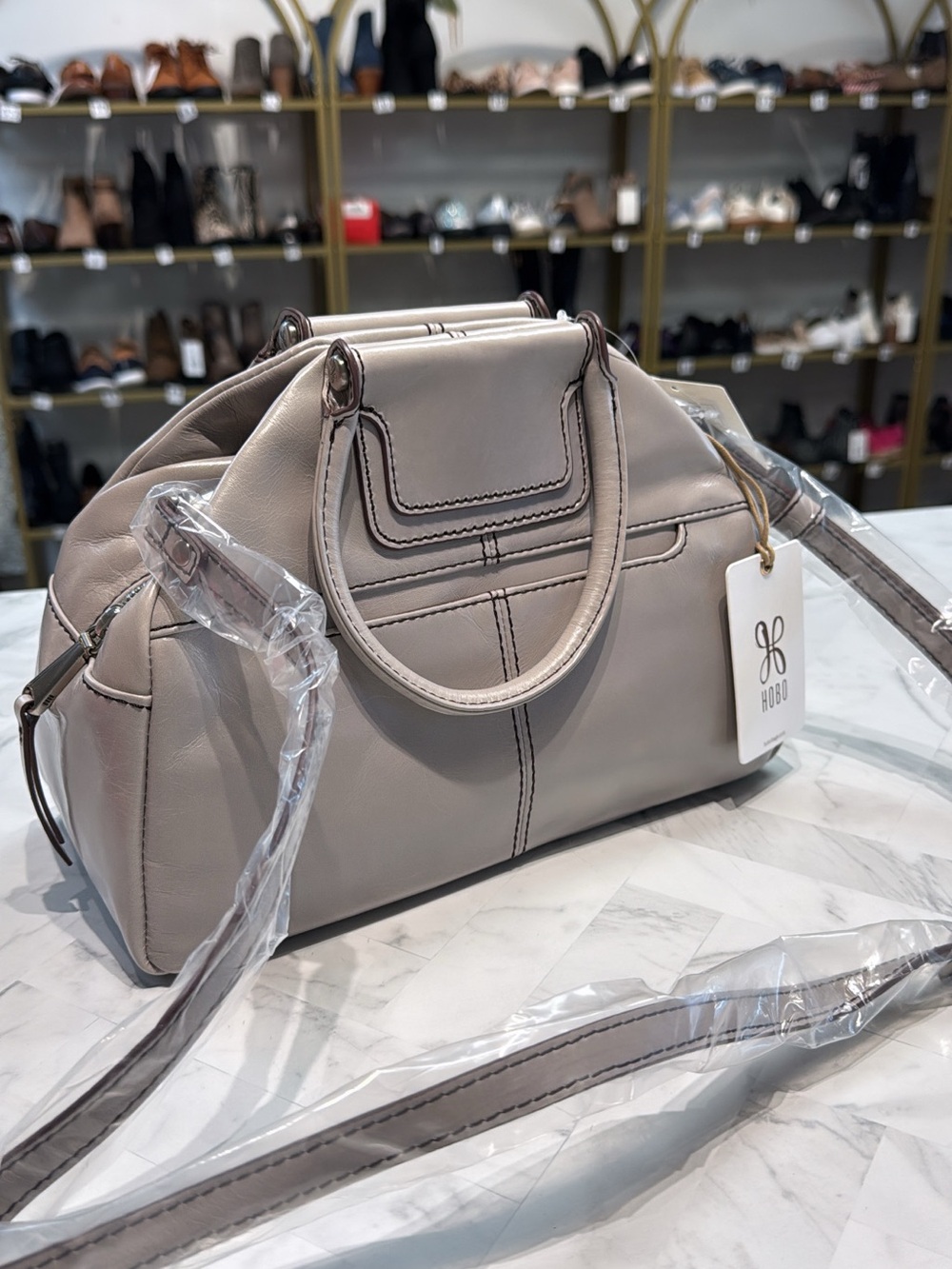 New Hobo Gray Leather Sheila Drop Handle Satchel, 10"x7.5"
